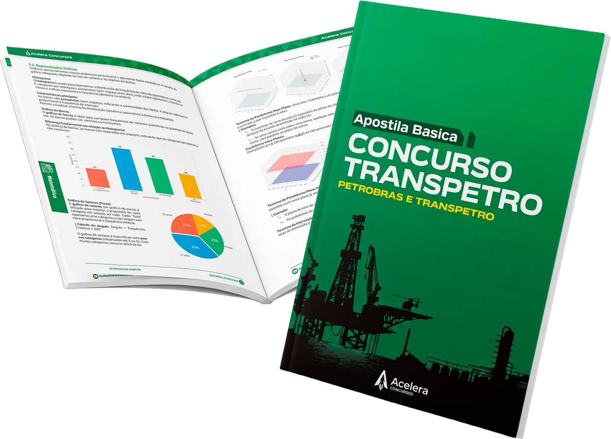 Apostila Básica do concurso Transpetro aberta com gráficos e conteúdo