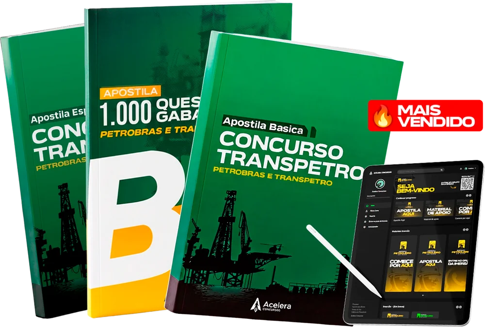 Apostilas Específica, Básica e 1.000 Questões Gabaritadas do concurso Transpetro com acesso à plataforma no tablet